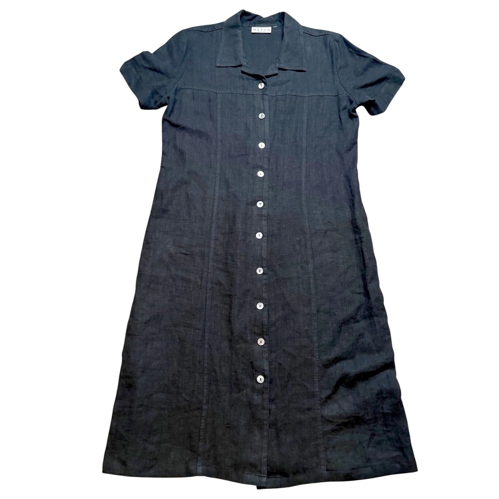 VTG 100% Linen Match Black Button Front Midi Dress Shirt Dress Lagenlook Coastal